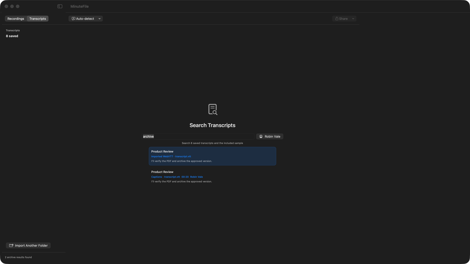 MinuteFile literal archive search filtered by the manually assigned demo Person Robin Vale