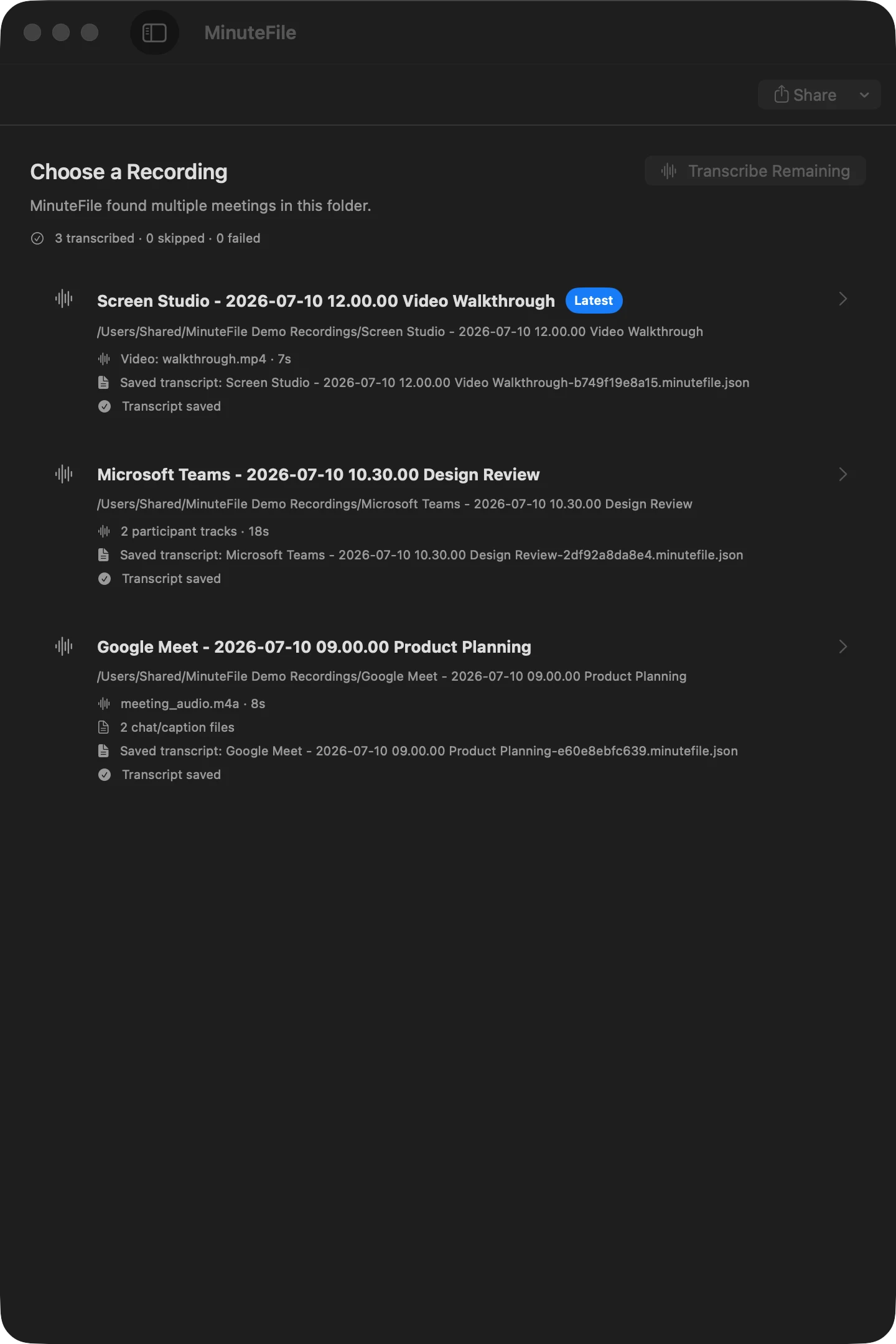 MinuteFile recording archive showing three completed demo meetings from Screen Studio, Microsoft Teams, and Google Meet