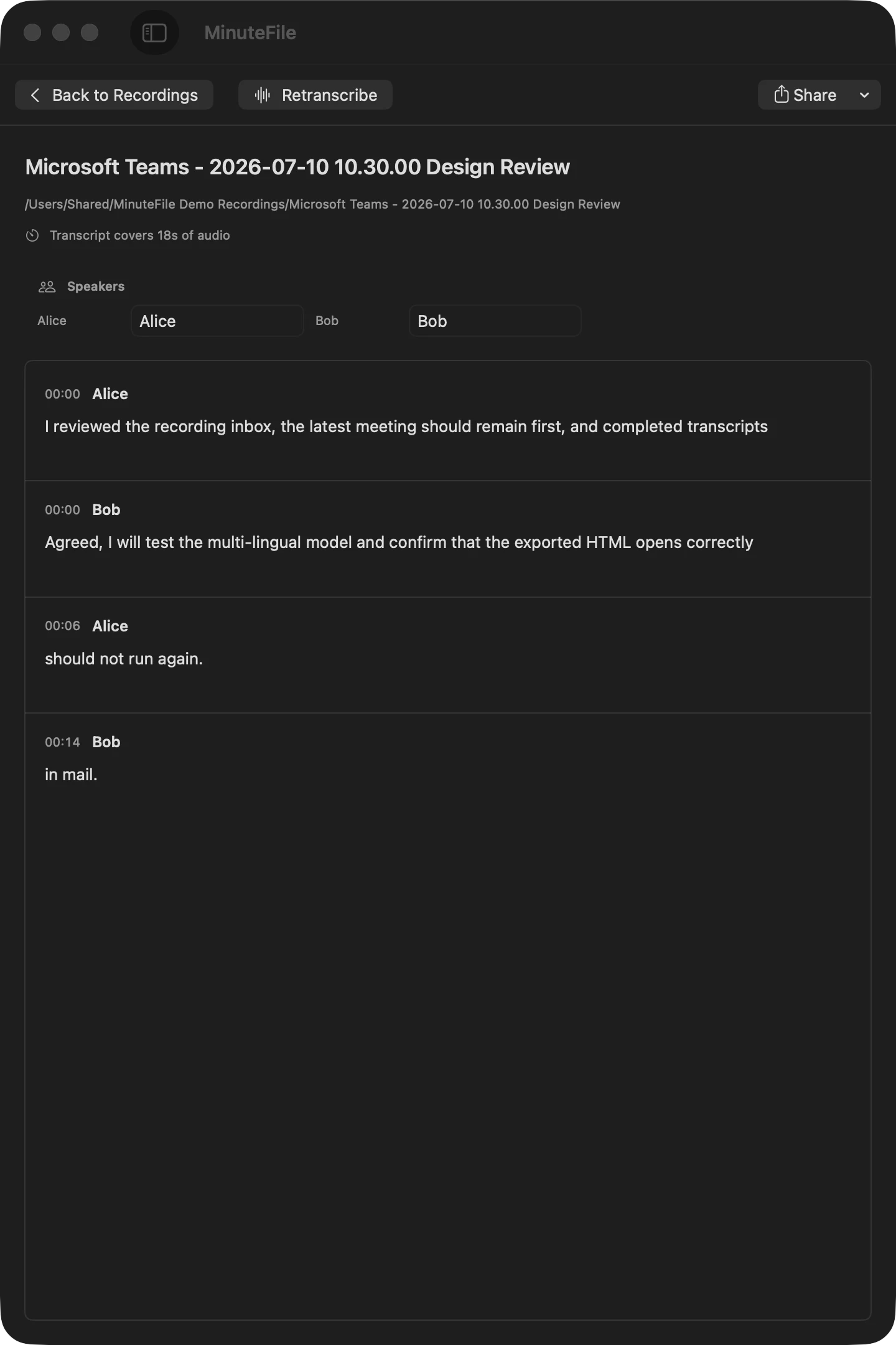 MinuteFile transcript workspace showing editable speaker names and timestamped text for a demo design review