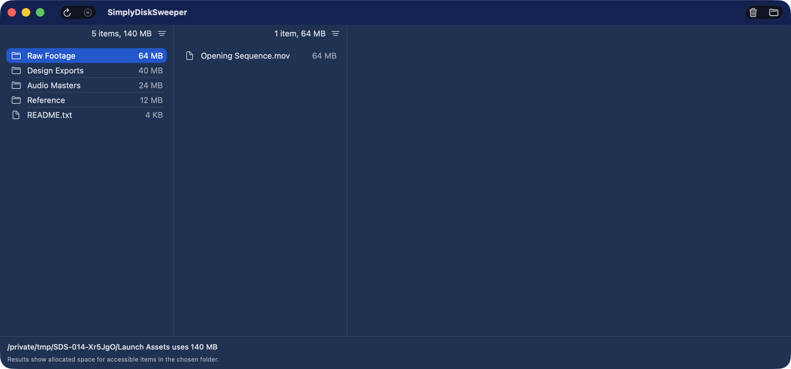 SimplyDiskSweeper ranking accessible files and folders by allocated space in Finder-like columns