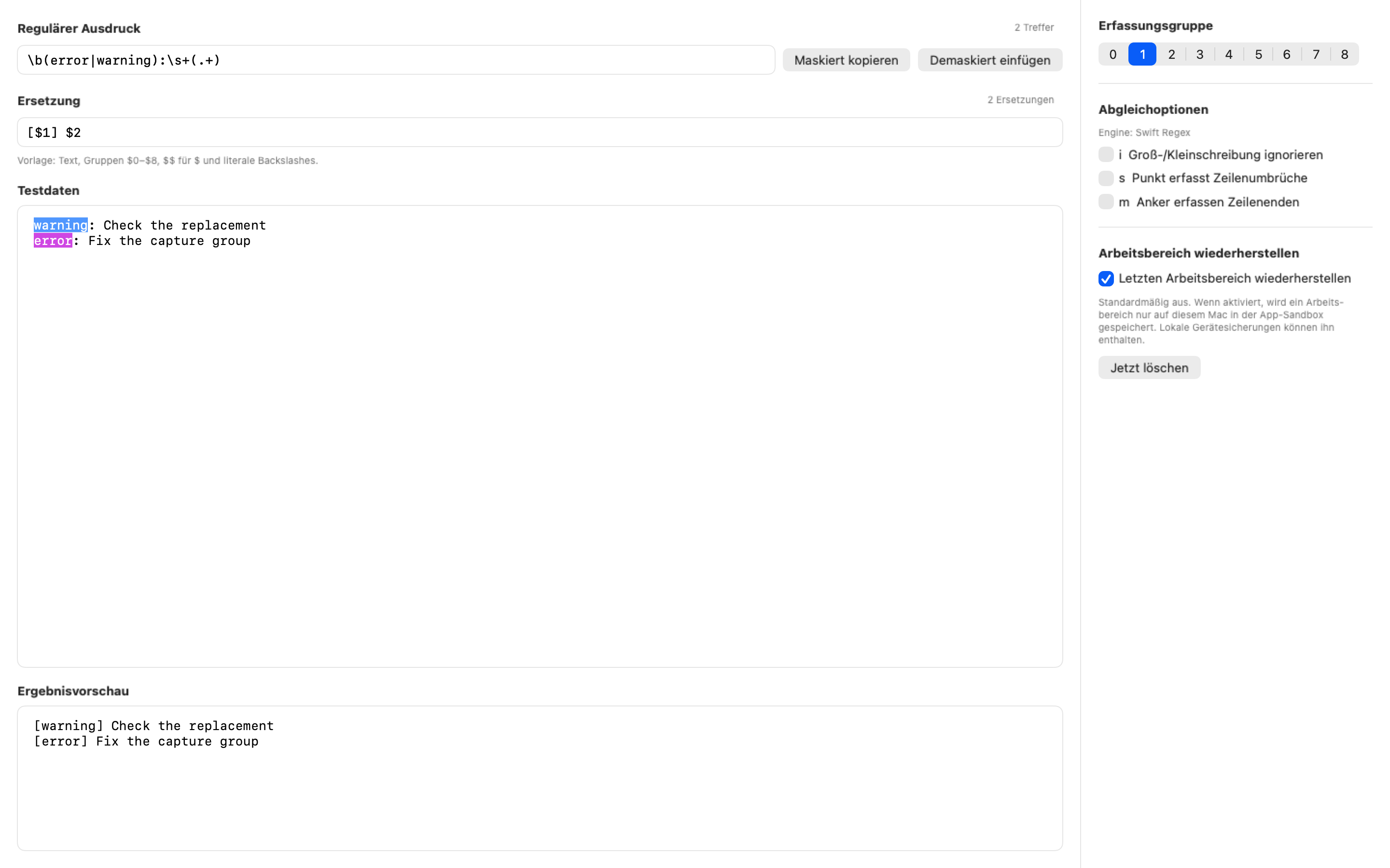 Regex 2.4.2 mit optionaler lokaler Wiederherstellung eines Arbeitsbereichs