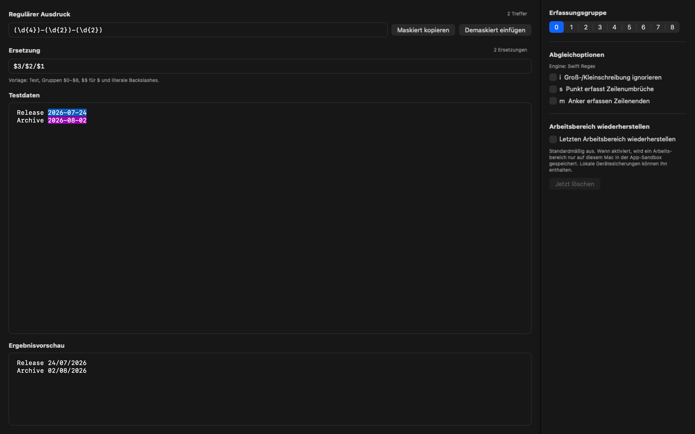 Regex 2.4.2 mit schreibgeschützter Live-Ersetzungsvorschau