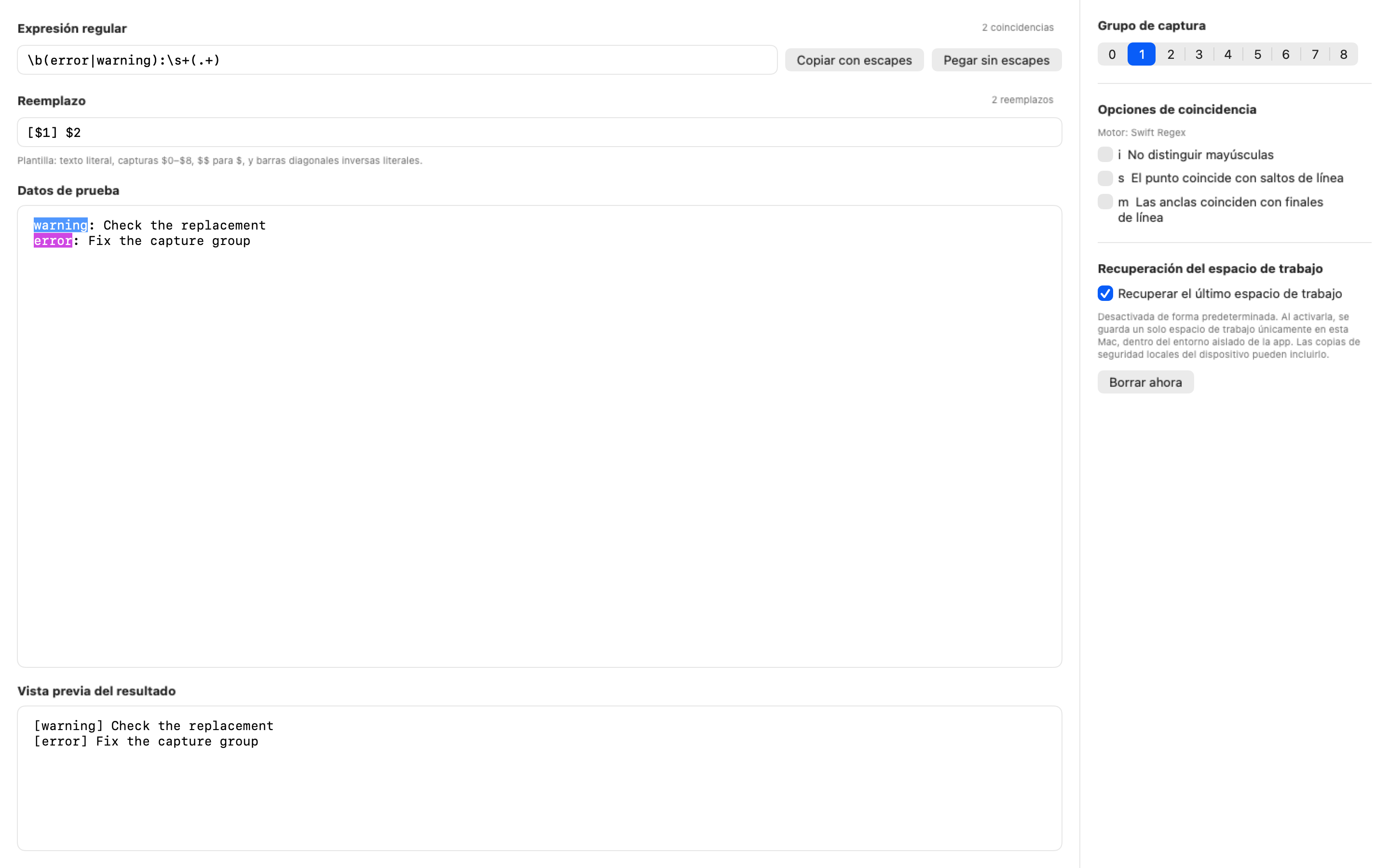 Regex 2.4.2 mostrando la recuperación local y opcional de un espacio de trabajo