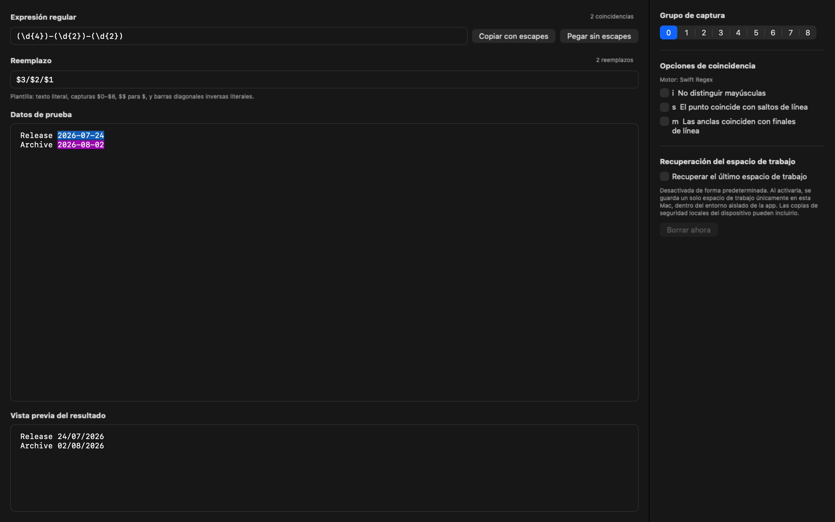 Regex 2.4.2 mostrando una vista previa de reemplazo en vivo y de solo lectura