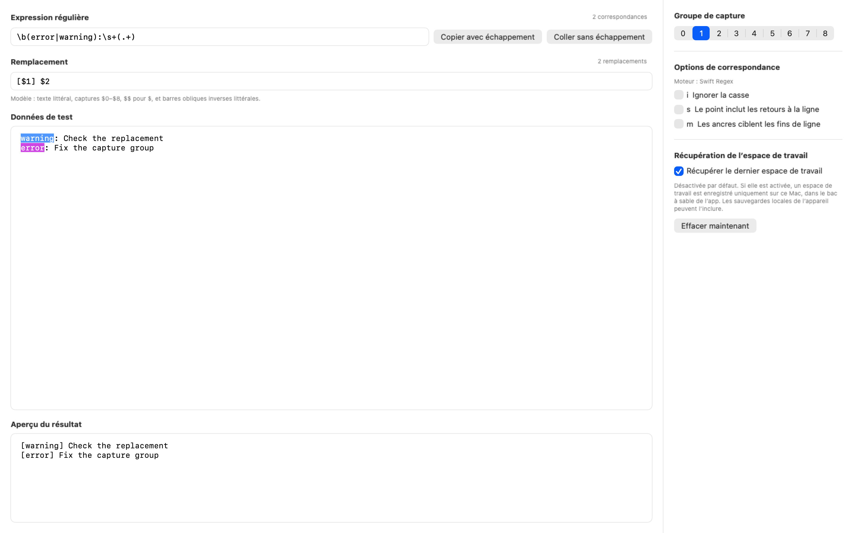 Regex 2.4.2 affichant la récupération locale facultative d’un espace de travail