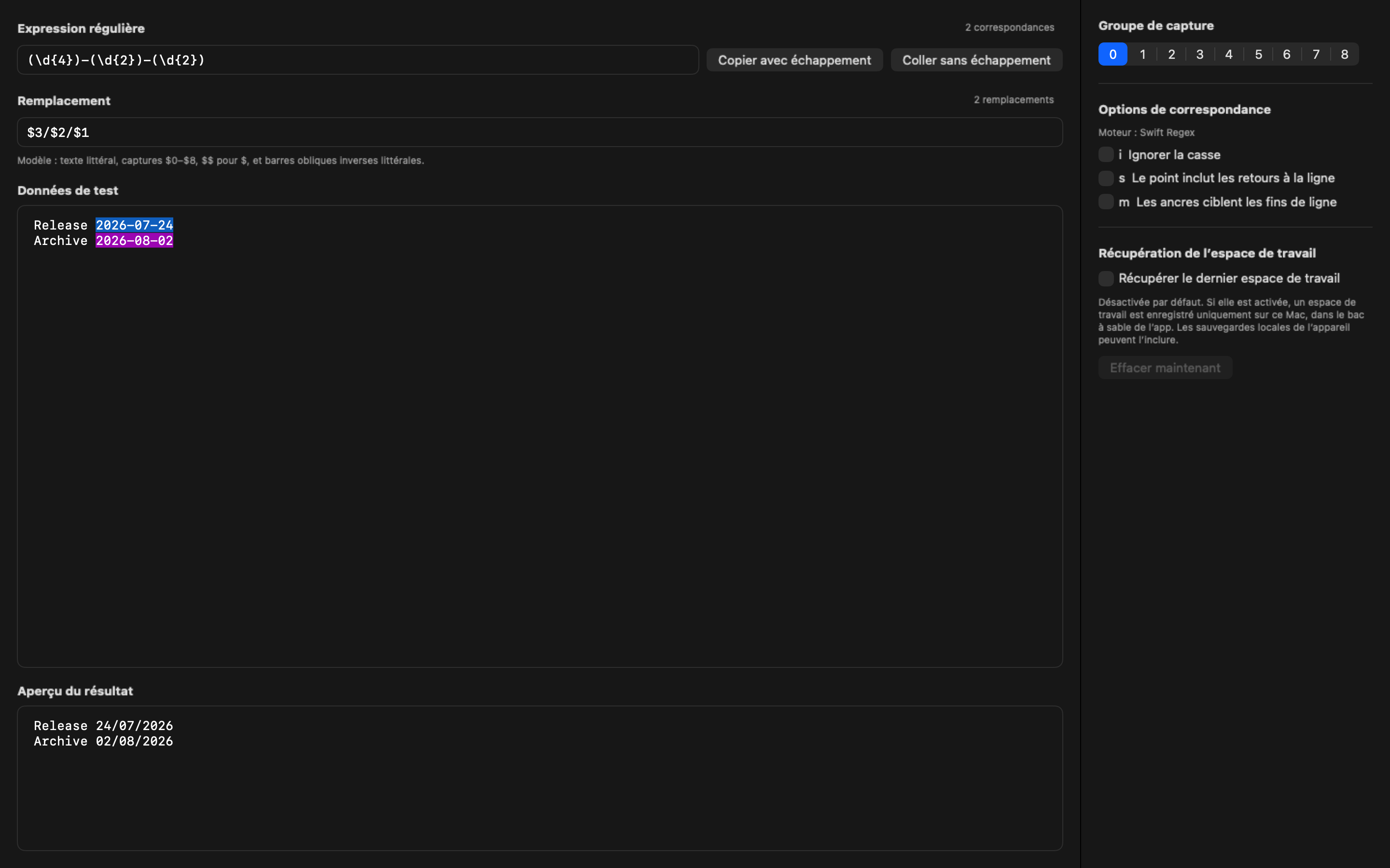 Regex 2.4.2 affichant un aperçu de remplacement en direct et en lecture seule