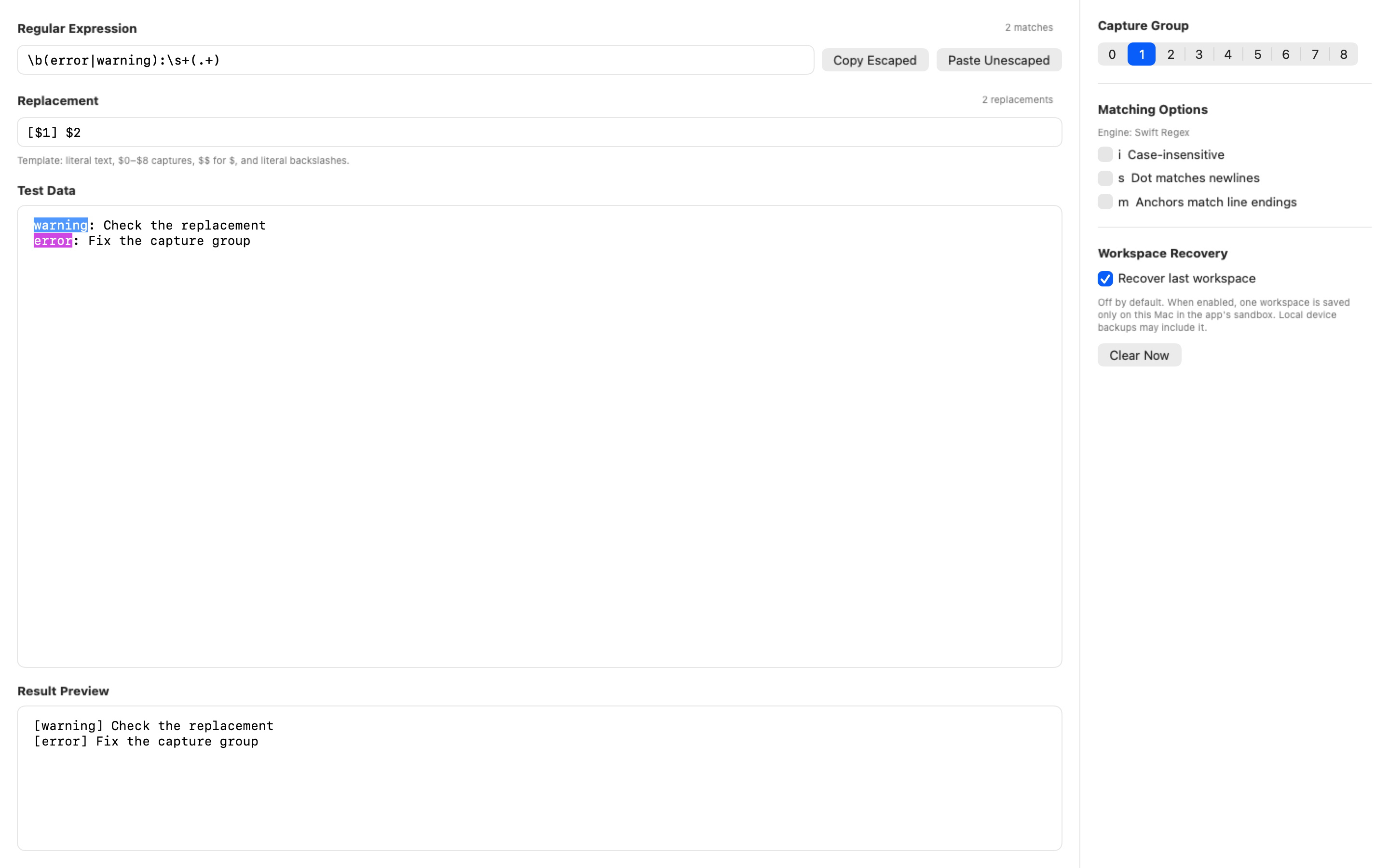 Regex 2.4.2 showing opt-in local workspace recovery settings