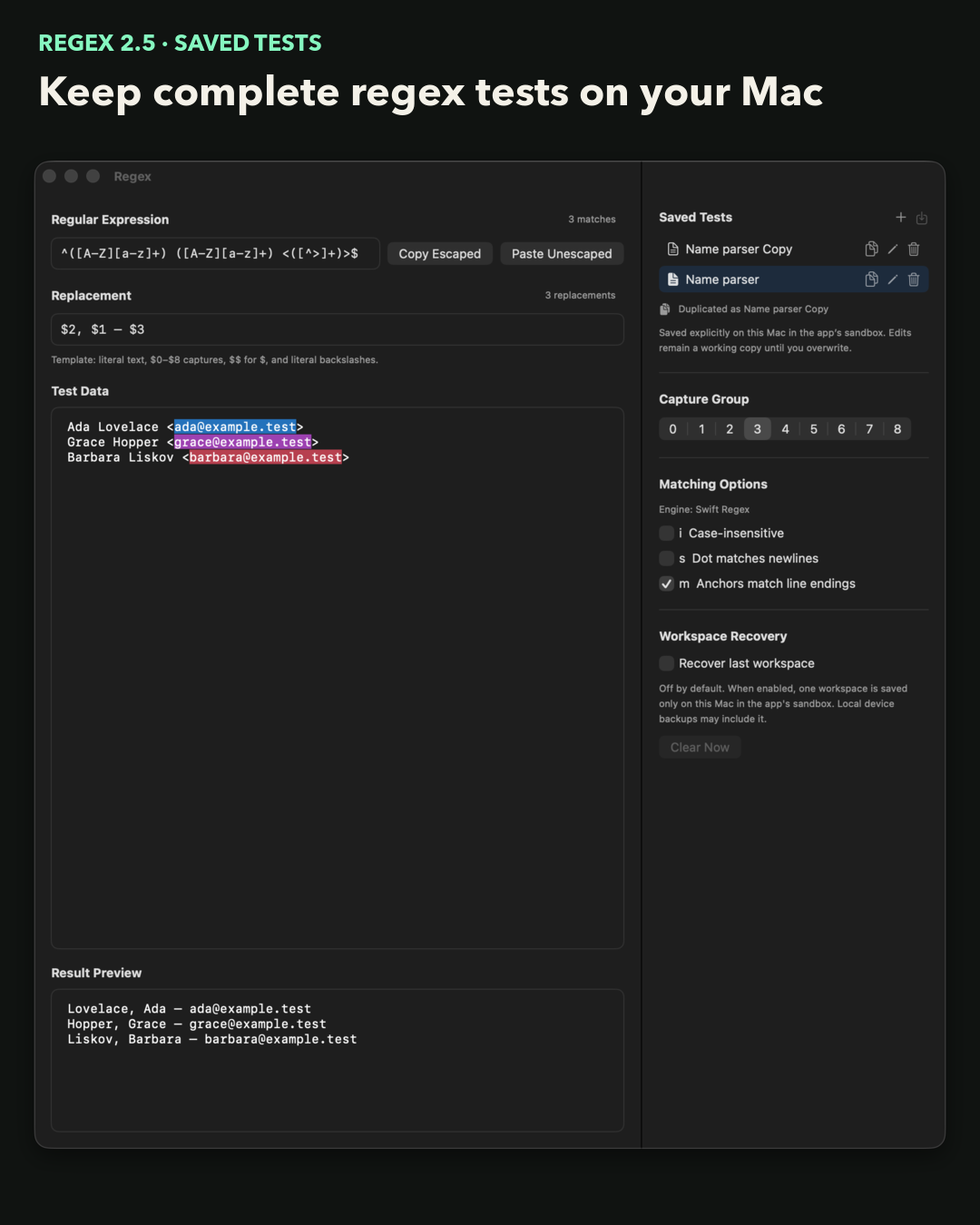 Regex 2.5 showing an original saved test and its duplicate